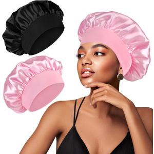 2 Pcs Silky Hair Bonnets - Women's Elastic Band Caps for Curly Hair Care Black+Blush Pink