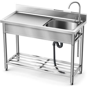 LAFATI Stainless Steel Utility Sink, 304 SUS Free Standing Kitchen Sink Single Bowl With Large Work Station Cold and Hot Water Pipe Undershelf Faucet Drainboard (39 Inch Right Bowl)