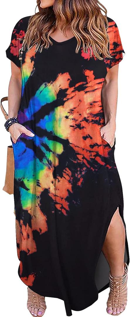 Kancystore Women's Plus Size Dresses Summer Casual Loose Pocket Short Sleeve Slits Long Maxi Dress XXL