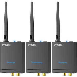 YMOO 3 in 1 2.4Ghz Wireless Audio Transmitter and Receiver,2 Receivers for Two Speakers,20ms Ultra Low Latency,192kHz/24bit HiFi,320ft Range RCA Jack Wireless Adapter for TV/Speaker/PC/Home Stereo