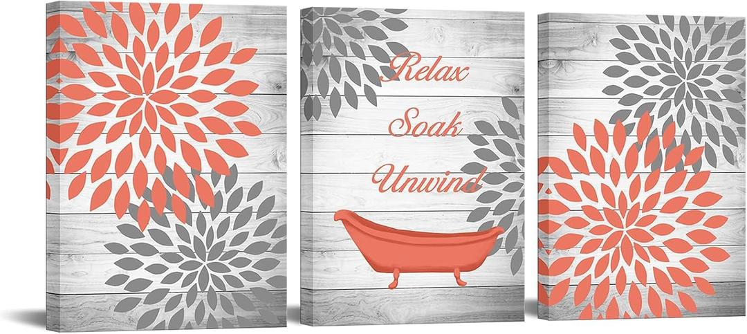 OuElegent Dahlia Canvas Wall Art Coral Gray Flower with Rustic Wood Background Painting Pictures Vintage Bathtub Relax Soak Unwind Inspiring Prints Artwork for Bathroom Decor 12"x16"x3 Panels