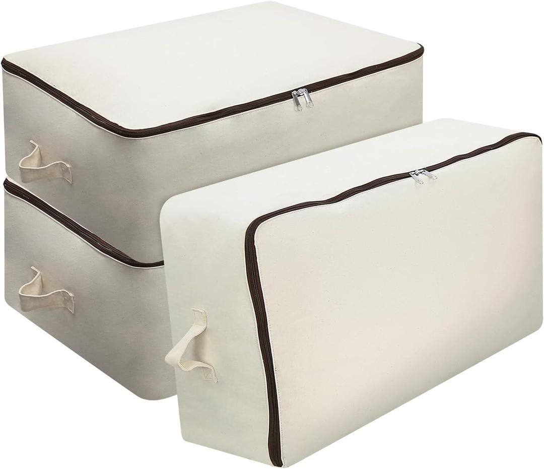 Omygarden 3 Pack Clothes Storage Bag Organizer with Sturdy Zipper for Quilts, Sweaters, Beddings, Blanket, Blouses and More, Beige