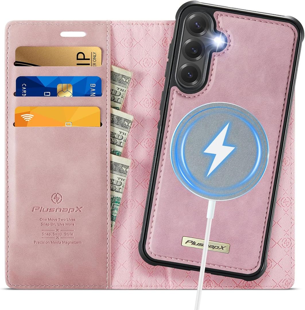 Wallet Case for Samsung Galaxy S25 Compatible with Magsafe, 2-in-1 PU Leather Flip RFID Blocking Card Holder Stand Shockproof Magnetic Detachable Cover for Galaxy S25 Case 6.2", Pink