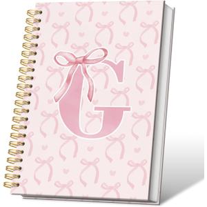 Coquette Preppy Pink Bow Spiral Notebook, Initial G Journal Personalized Teen Girl Gifts, Trendy Personalized Gifts for Women Teen Girl, Funky Girly Style Hardcover Spiral Notebook 5.5x8.3