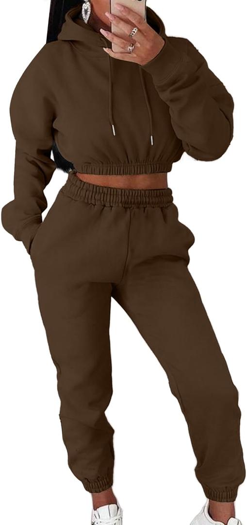 LovelyWholesale Women 2 Piece Outfits Long Sleeve Crop Hoodies and Pants Sweatsuit Set Brown Medium