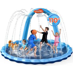 110" Splash Pad for Kids & Dogs, 2-in-1 Large Sprinkler Water Toys with Basketball Hoop Arch, Thickened Pool Mat Toys for Backyard & Garden Outdoor Summer Fun Ages 4-12