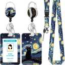 Hancynir Black Cat Lanyards for Id Badges, Starry Night Badge Holder with Retractable Reel Clip, Work Name Tags Keychain Lanyard with ID Holder, ID Card Protector for Women Teacher Nurse Doctor Office