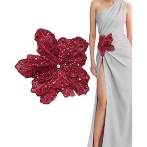 1pc Handmade Large Flower Rhinestone Applique for Clothes, Sparkly Sequin Beaded Patches for Wedding Dress, Embroidery Lace Sewing Patches for Bodice Hat Jean Jacket (Burgundy)