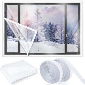 87 Inch X 20 ft Window Insulation Kit Cuttable Transparent Film with Adhesive Straps Reusable Window Plastic for Winterizing Thicken Thermal Waterproof Attic Insulation Cover Warm Winter