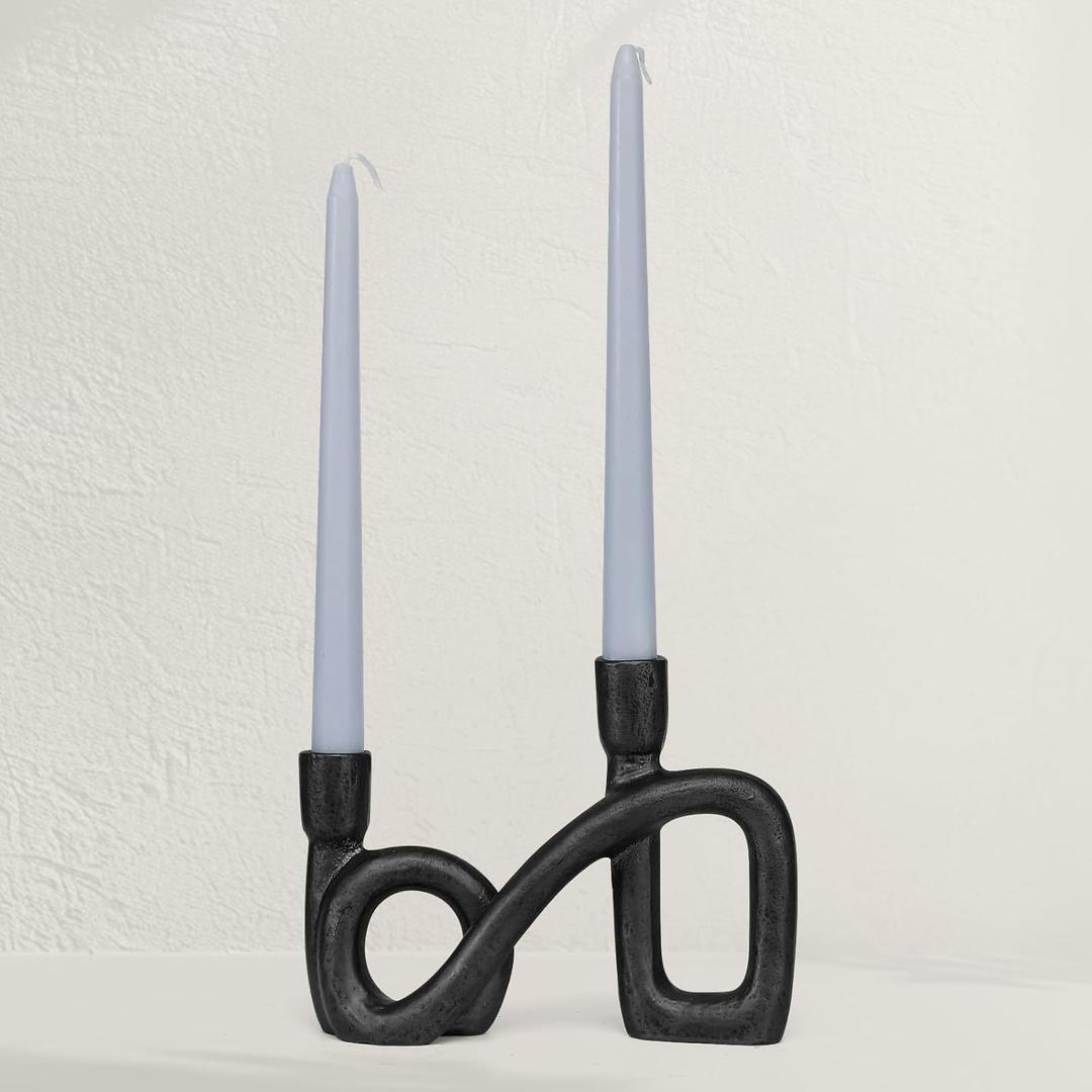 Black Cast Iron Double Taper Candle Holder, Modern Abstract Candlestick Holder, Stylish Table Centerpiece for Home, Bedroom, Wedding, Dining Room, and Party Decor