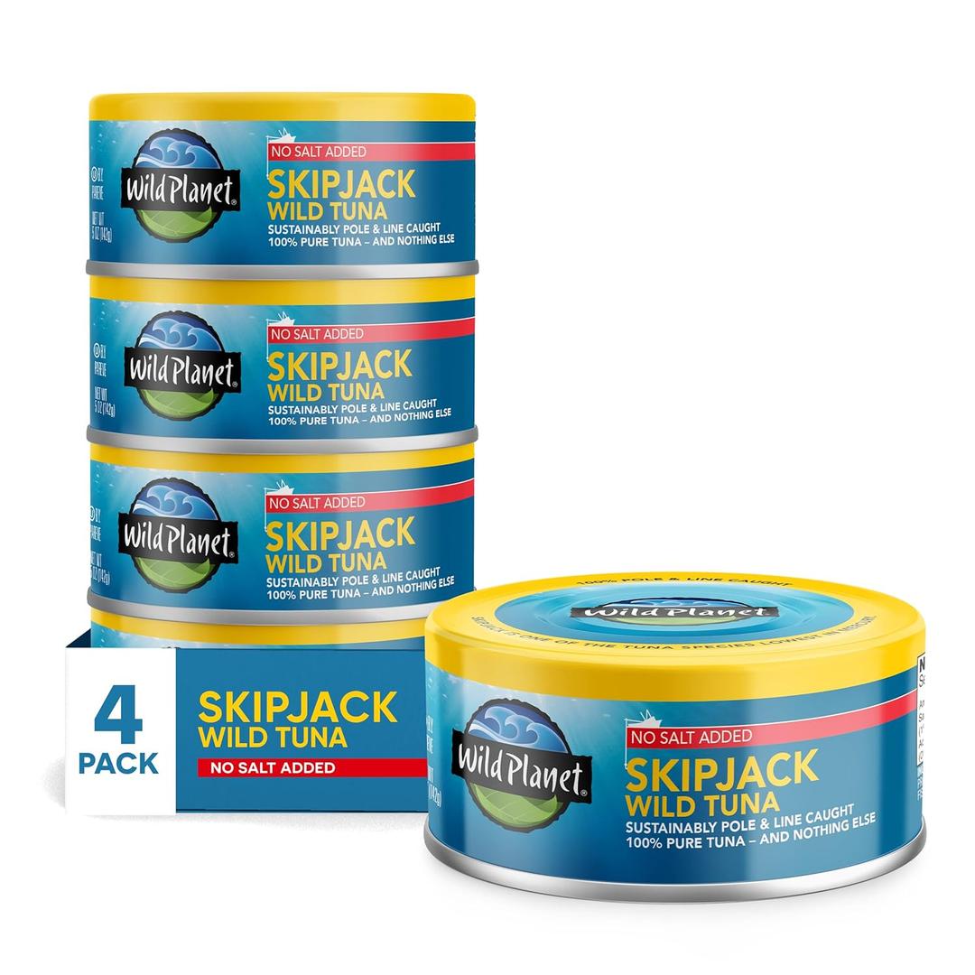 Wild Planet Skipjack Wild Tuna, No Salt Added, Canned Tuna, Sustainably Wild-Caught, Pole & Line, Non-GMO, Kosher, 5 oz, Pack of 4, BBD: 03/06/2028