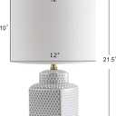 JONATHAN Y 21.5" White and Navy Blue Ceramic Ginger Jar LED Table Lamp, Modern Chinoiserie Fishnet Pattern with White Linen Shade and Brass Gold Base, LED Bulb Included JYL3043A