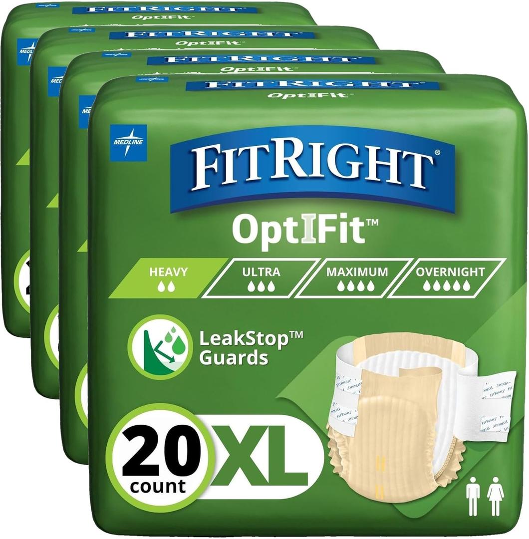 FitRight Adult Diapers, Extra+ Heavy Absorbency, XL (Waist Size 56in-64in), OptiFit Incontinence Briefs for Men/Women, Disposable, Moisture-Wicking, Leak Protection, 20 Count (Pack of 4)