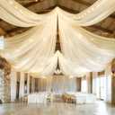 6 Panels Ivory Ceiling Drapes with Lights String for Weddings Ceiling Drapes 5ftx30ft Wedding Draping Fabric Sheer Curtains Tulle Ceiling Drapery Wedding Decorations for Party Ceremony Stage Swag