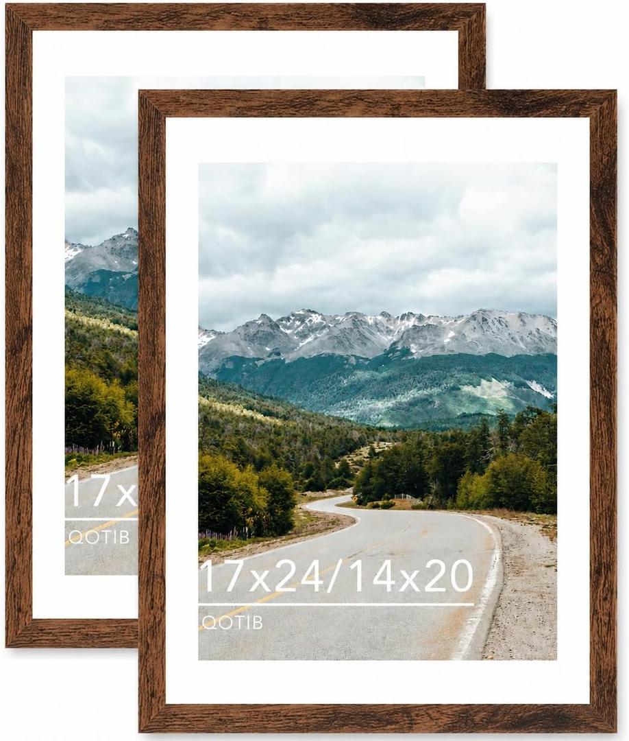 Wood 17x24 Picture Frame with 14x20 Mat Deep Brown, Display 14x20 with Mat or 17x24 Without Mat, Wood 17 by 24 Photo Frame, 17 x 24 Frame for Wall Hanging Display, Deep Brown, 2 Pack