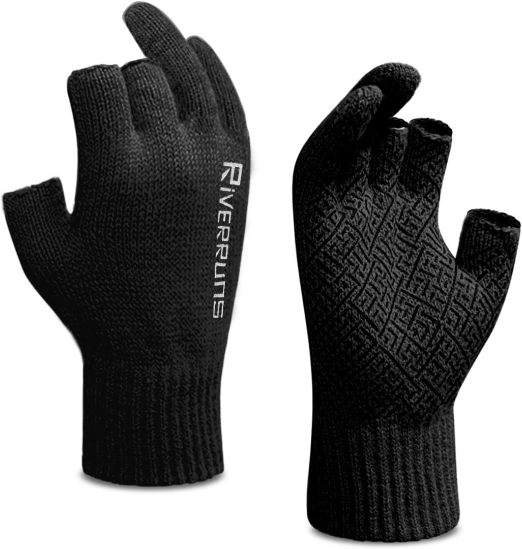 Riverruns Wool Fishing Gloves - Winter Fingerless Knitted Gloves for Men and Women 3-Cut Fingers Warm Gloves for Cold Weather, Fly Fishing, Ice Fishing, Kayaking (Small-Medium, Black)
