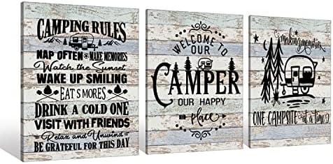 Camper Camping Rules Campsite Canvas Wall Art Prints Artwork Signs Framed for Lake House Cabin Porch Campsite Wall Decor Home Room RV Decor, 3 Pieces 11X14 inch, Friends Family Housewarming Gift