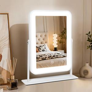 YEKKOPT Small Desk Mirror with Lights, Lighted Makeup Mirror with Light, Portable Tabletop Make Up Mirror for Desk, Vanity Mirror with Lights,Smart Touch Control, Dual Power Supply, 360Rotation (11"L x 9"W, White)