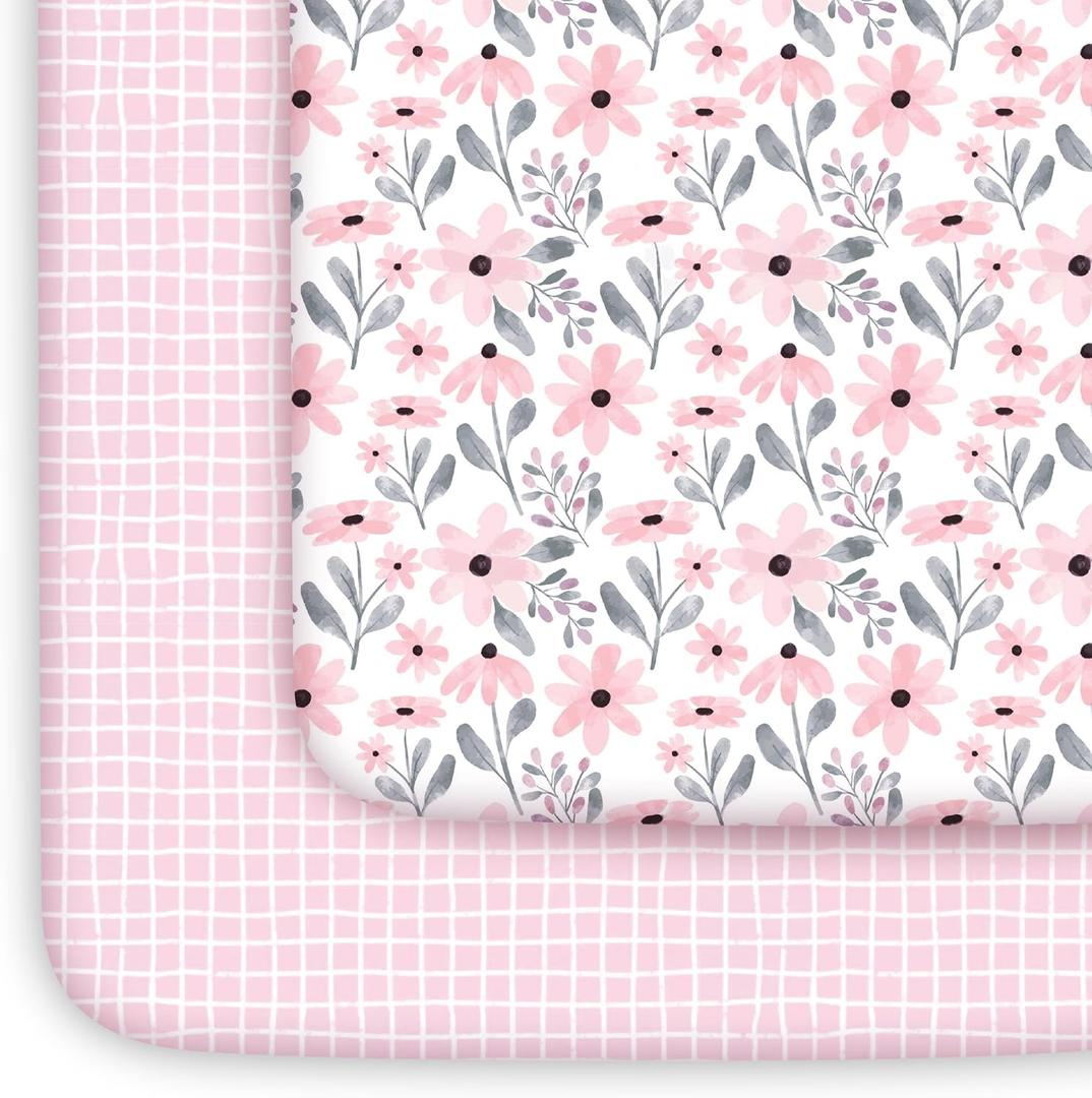 Yoofoss Pack and Play Sheets Girl 2 Pack, 38x26 Mini Crib Sheets Fitted for Baby Compatible with Graco Pack n Play Mattress,Ultra Soft Breathable Microfiber Pink Floral