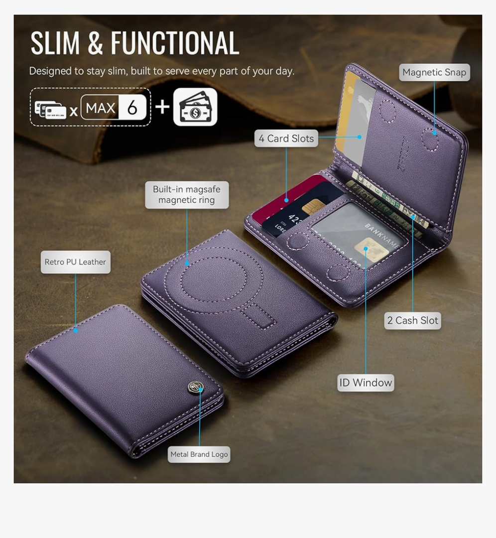 Slim PU Leather RFID Magnetic Wallet for Men and Women, Minimalist Magnet Card Holder Phone Wallet Compatible with Magsafe for Apple iPhone 17 16 15 14 13 12 Series, Fashion Purple