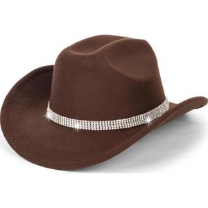 Vintage Rhinestones-Hat Western-Cowgirls-Hat - Wide Brim Bling Diamond Cowboy-Hat for Cosplay Disco Music Party M/L (7, Brown)