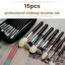 Professional Natural Travel Goat Hair Makeup Brushes with case, 15Pcs Kabuki Face Powder & Eye Makeup Brush set With Ultra Soft Premium Dense Hair, Valentines Day Gifts (Black)
