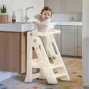 Foldable Toddler Tower Kitchen Step Stool for Sink Kids Adjustable Height Standing Tower for Children Montessori Learning Helper with Handles for Bathroom, Beige