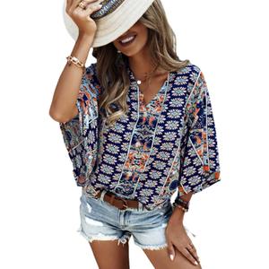 SOLY HUX Women's Boho Print V Neck 3/4 Bell Sleeve Button Front Summer Blouse Top (Medium)