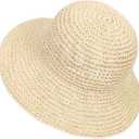 Womens Sun Hat Handmade Crochet Straw Bucket Hat Summer UV Protection Foldable Travel Cap UPF 50+ (Beige)