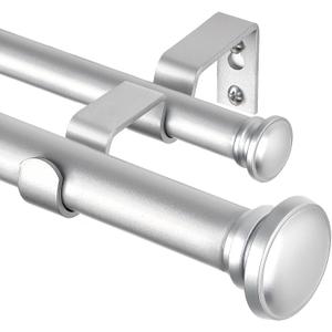 TONIAL 1 Inch Double Curtain Rods 36 to 72 Inches (3 to 6ft), Heavy Duty Decorative Drapery Rod for Windows 24 to 68 Inches (2 to 5.7ft) with Small Cap Finial, Silver