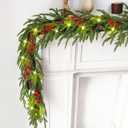 6 Ft Christmas Norfolk Pine Garland Prelit 20 Warm Lights Red Berries 8 Flashing Modes IP44 Battery Box for Mantle Outdoor Indoor Decoration