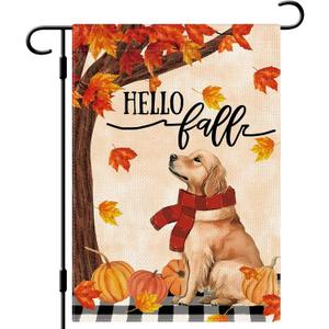 DLZDN Hello Fall Dog Garden Flag Golden Retriever Pumpkins Flag 1218 Inch Double Side Vertical Burlap Farmhouse Yard Sign Autumn Seasonal Outdoor House Decoration