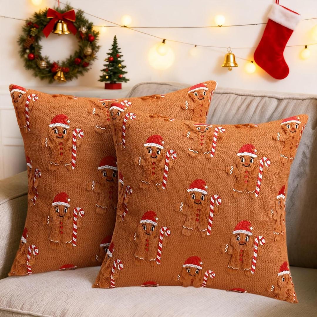 Orgonite Christmas Pillow Covers Set of 2, 18x18 Decorative Throw Pillowcases Soft Plush Faux Wool Cushions for Home Patio Sofa Couch (Gingerbread Man)
