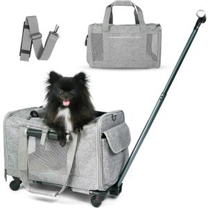 Pet Carrier With Wheels for Dogs Up To 15lbs  Airline Approved Dog Carrier - Rolling Pet Carrier w/ Removable Wheels & Washable Plush Mat  Cat Travel Carrier w/ Telescopic Handle & Shoulder Strap (grey)