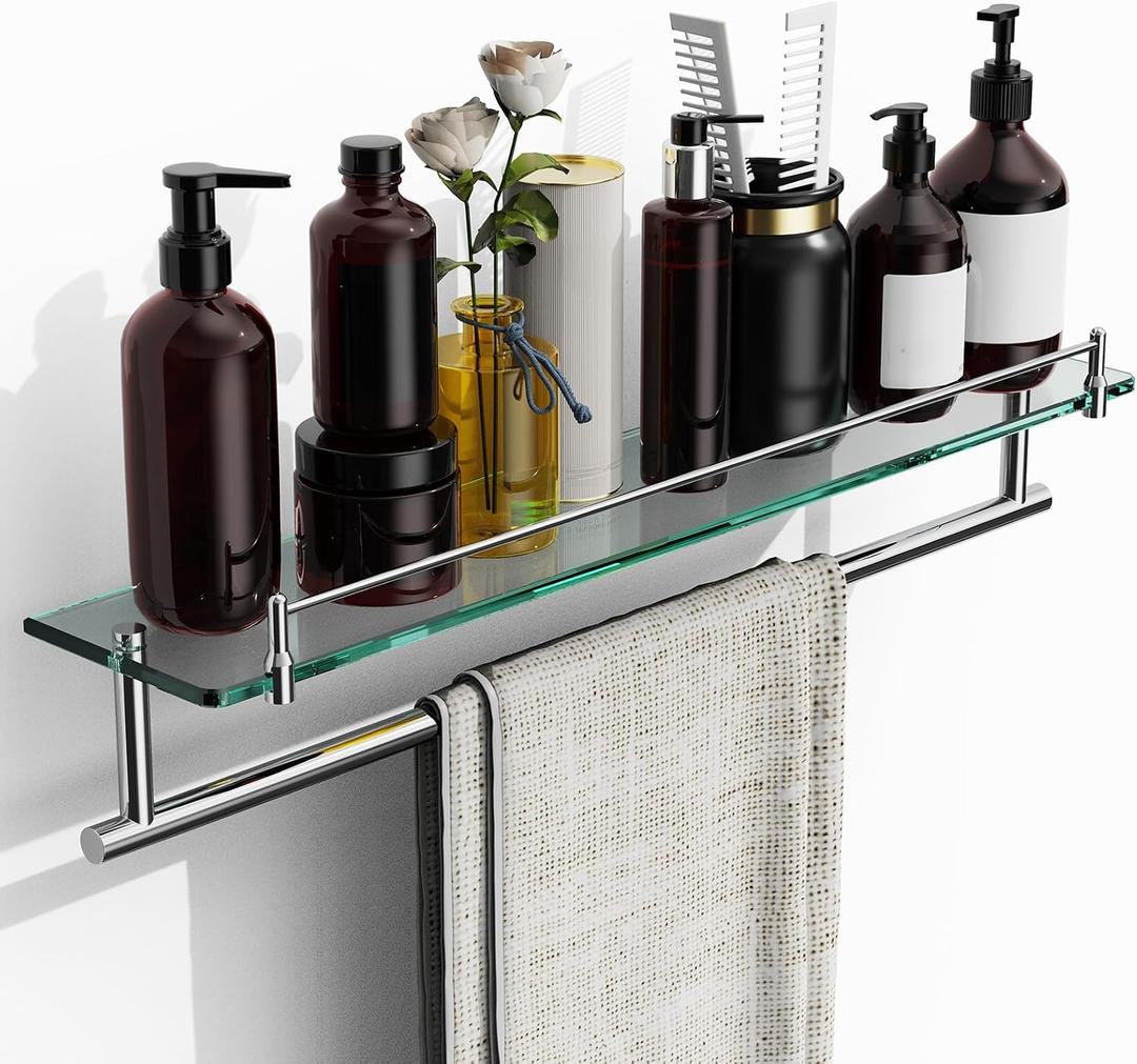 24-Inch Towel Rack with Shelves Tempered Glass Bathroom Shelves with Bar - Chrome Polished Modern Stainless Steel, Wall Mount Rustproof Tower Rail, 24-inch with Railing