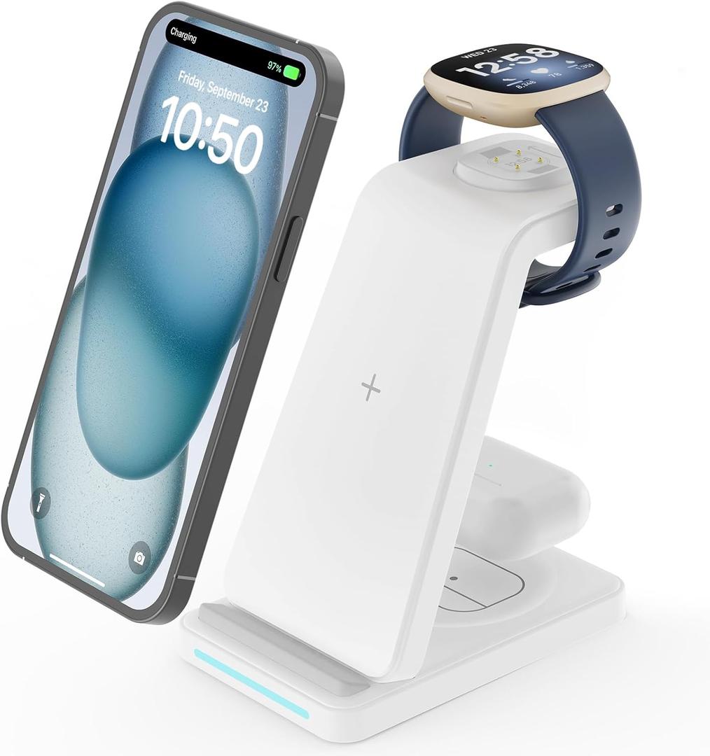 Wireless Charger for Fitbit Charging Station - GEEKERA 3 in 1 Phone Charger Stand for Fitbit Watch Sense 2/Sense/Versa 4/3, iPhone, Samsung, Google Pixel Phones, Androids, Airpods 3/2 (White)