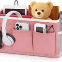 Bedside Caddy Organizer Hanging Storage Bag with Pockets for Books, Magazines, Phone, Tablet & Water Bottle  Bedside Storage for Dorm, Bunk Beds, Hospital Beds & Cribs, Pink