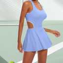 Women Tennis Dress with Built-in Shorts Crisscross Backless Cutout Removable Padded Bra for Sports (Purple, M)