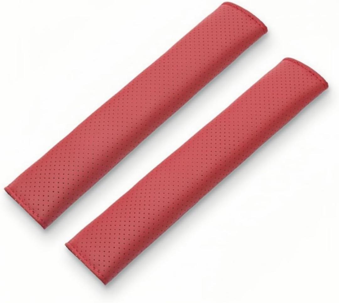 2PCS Car Seat Belt Cover Perforated Red LeatherBreathable Leather Soft Harness Pad Protect Neck and Shoulder Universal for Car, SUV (12 in)
