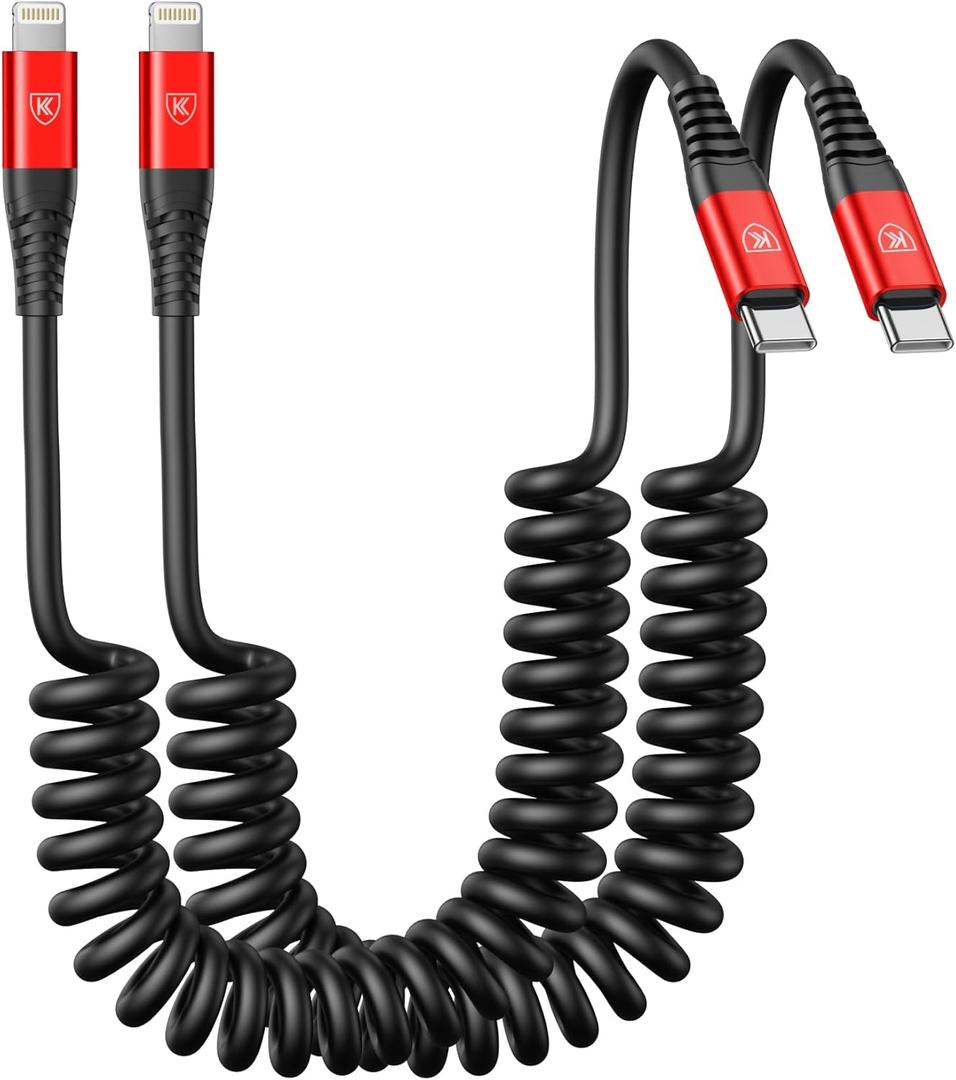 KIYODA USB C to Lightning Cable, 2Pack 3FT Coiled Fast Charger for Car Type C to Lightning Cable Cord Compatible with 14 13 12 11 Pro Max Xr Xs 8 7 Plus Carlay-Red