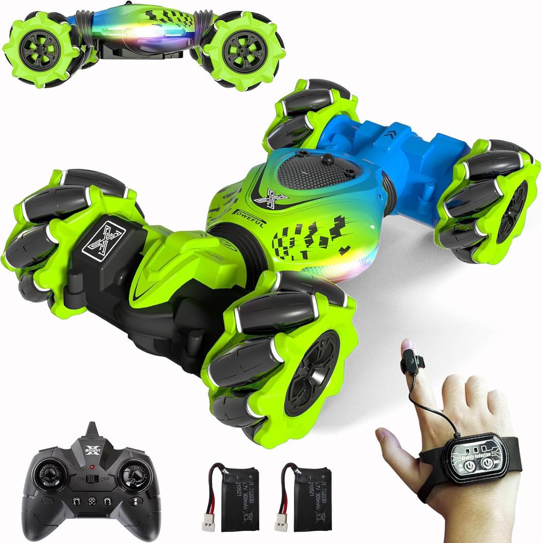 Gesture RC Car Green, 1:24 4WD Transform Off-Road Stunt Car with Gesture & Remote Control, 360 Flips Drift Vehicle with LED Lights Music, All Terrain Toy Cars Gifts for Boys Girls Age 6-12
