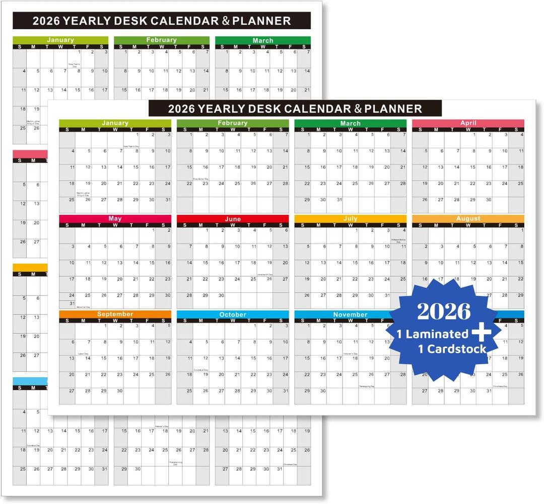 2026 Wall Desk Calendar 11x17 Inch, Reversible 2-Sided Horizontal or Vertical, 12 Month with Generous Block Space & Holidays Marked for Office, Home, School - 2 Pack (1 Laminated & 1 Cardstock)