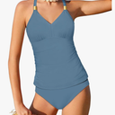NECIOUS Teen Swimsuits for Girls SIZE 15-16 Two Piece Teen Bathing Suits Girls Tankini Set Blue Halterneck Ruched Cute V-Neck Swimwear,