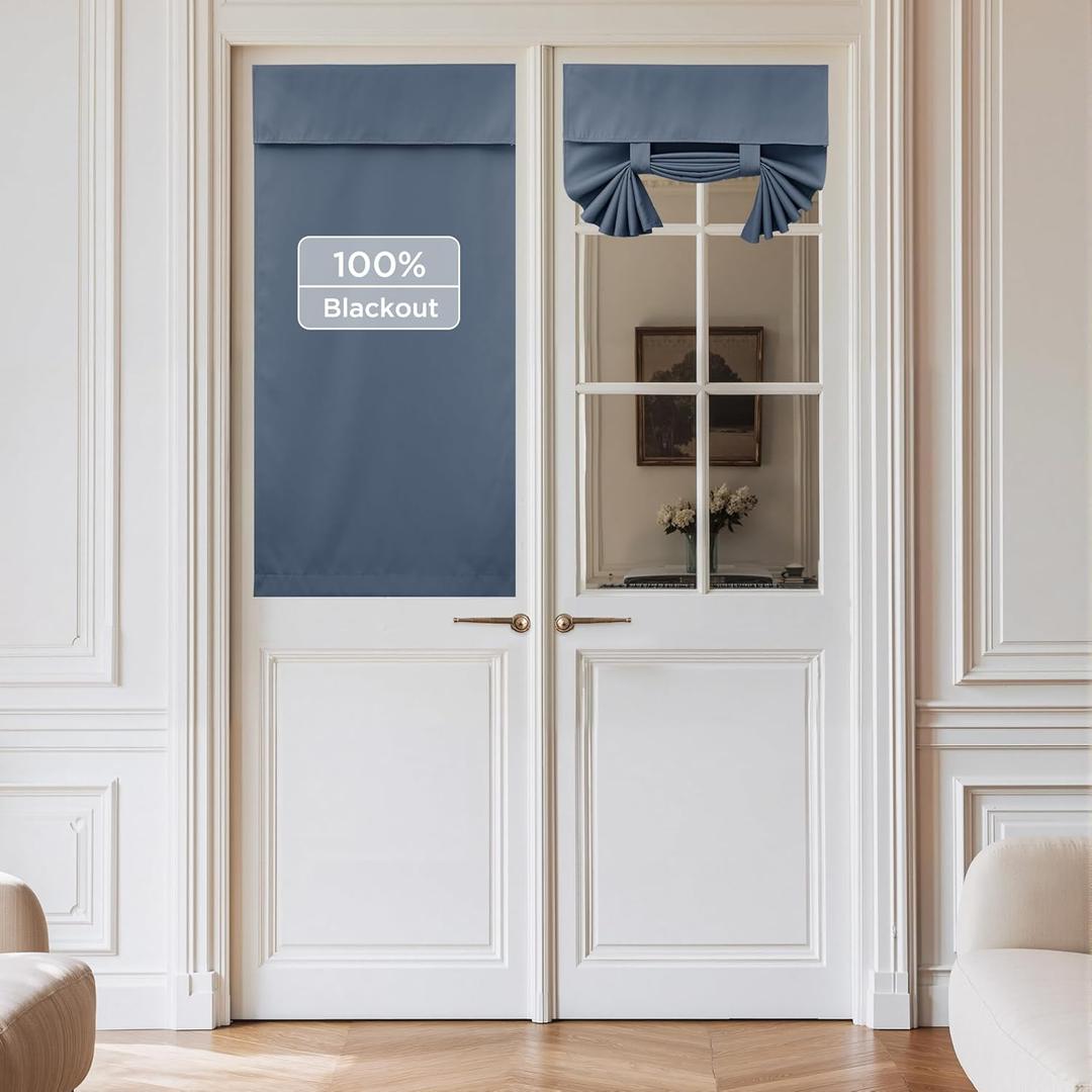 NICETOWN 100% Blackout French Door Curtains for Door Window, Privacy Thermal Insulated Short Curtains for Kitchen, Tie Up Shade Window Covering for Bedroom, Stone Blue, W26 X L40 Inch, 1 Panel