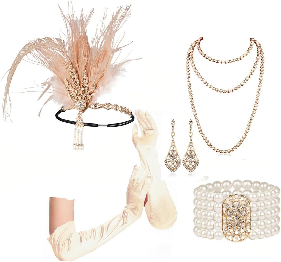 Cizoe 1920s Accessories Set for Women, Flapper Accessory Great Gatsby Costume Headband Flapper Necklace 20s Gloves (Ch)