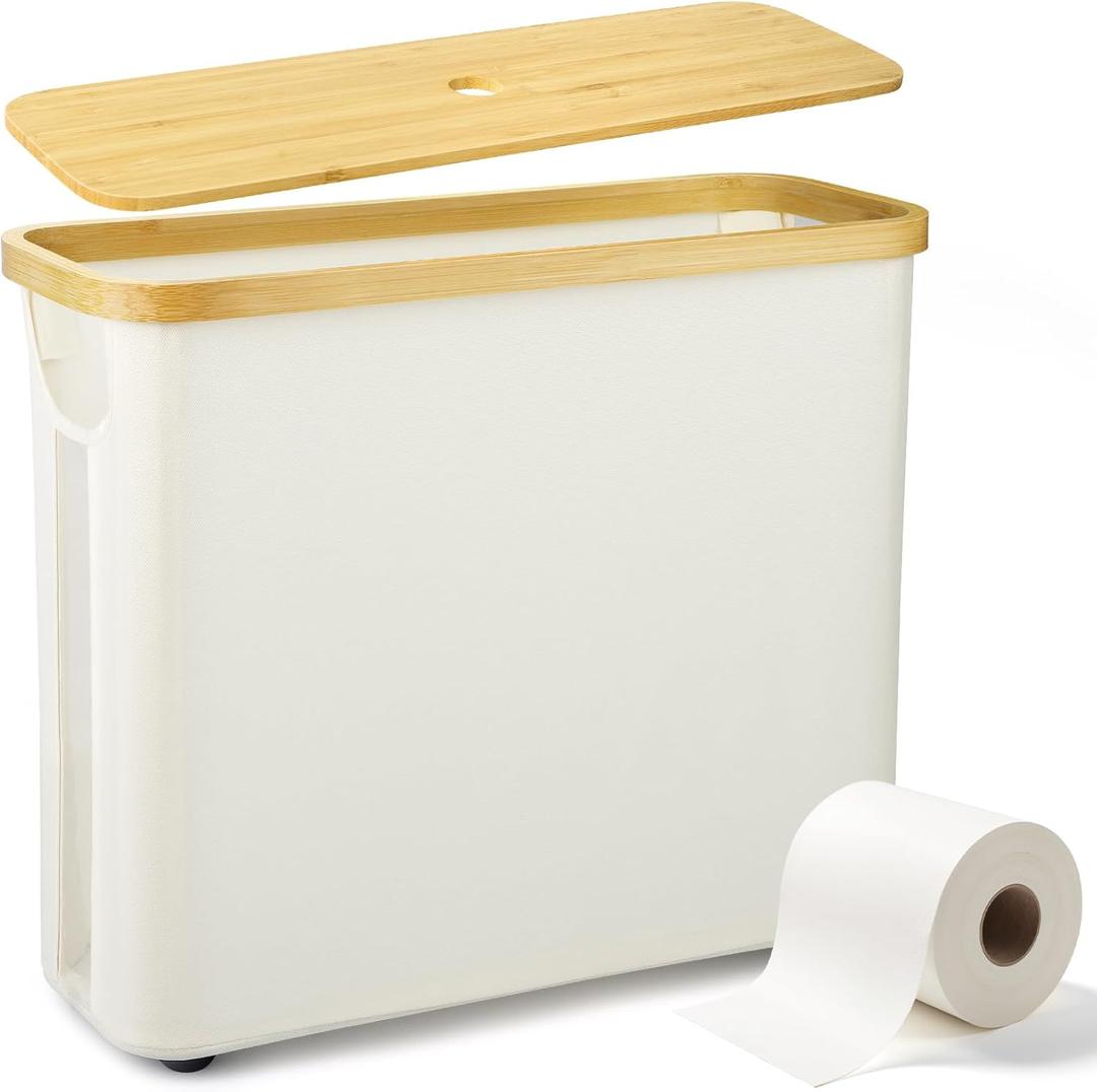 Toilet Paper Storage for Bathroom, Slim Basket Holder with Bamboo Lid, Foldable Organizer with Handle, Freestanding Stand for Small Spaces