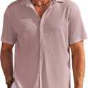 COOFANDY Men's Casual Shirts Short Sleeve Waffle Knit Button Down Shirt Wrinkle Free Summer Beach Tops (Pink, M)