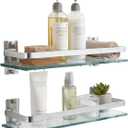 AIJALY 2 Pack Bathroom Glass Shelf,15.7 Inches Silver Bathroom Shower Glass Shelf Wall-Mounted, Metal Storage Floating Kitchen Shelf