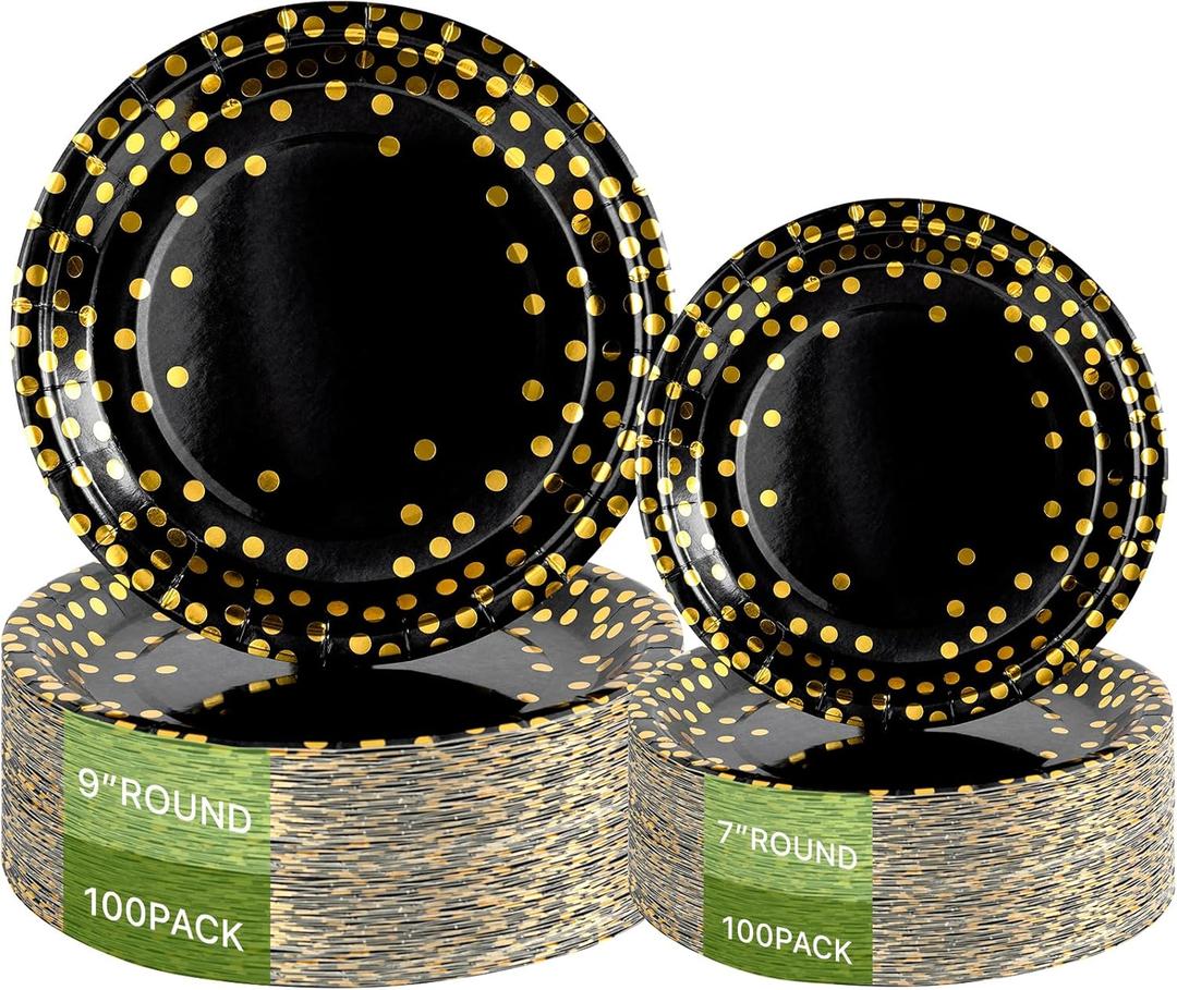 Lullaby 200PCS Black Paper Plates, Black and Gold Paper Plates, 100pcs Dinner Plates 9"100pcs Dessert Plates 7", Disposable Graduation Plates with Golden Dot for Birthday party, Halloween