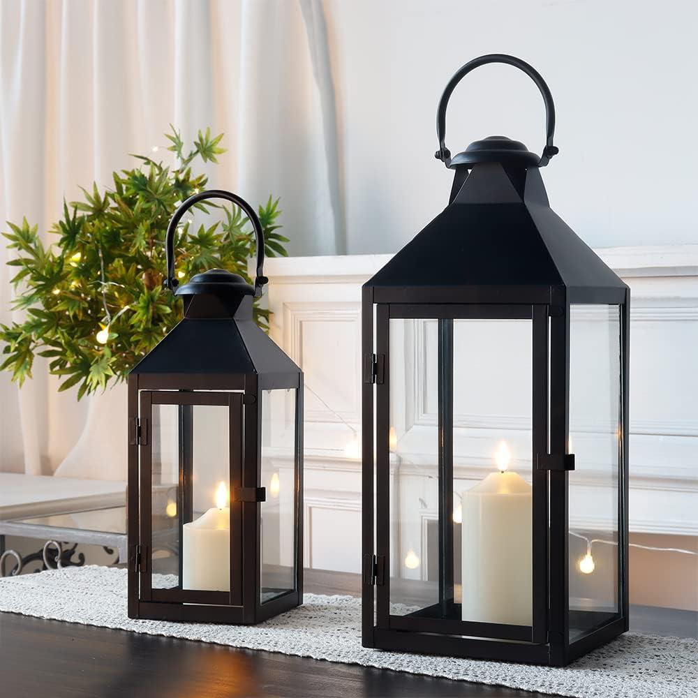 JHY DESIGN Set of 2 Black Decorative Lanterns 17.5inch&13.5inch Metal Candle Lanterns for Indoor Outdoor Events Paritie and Weddings Vintage Style Hanging Lantern